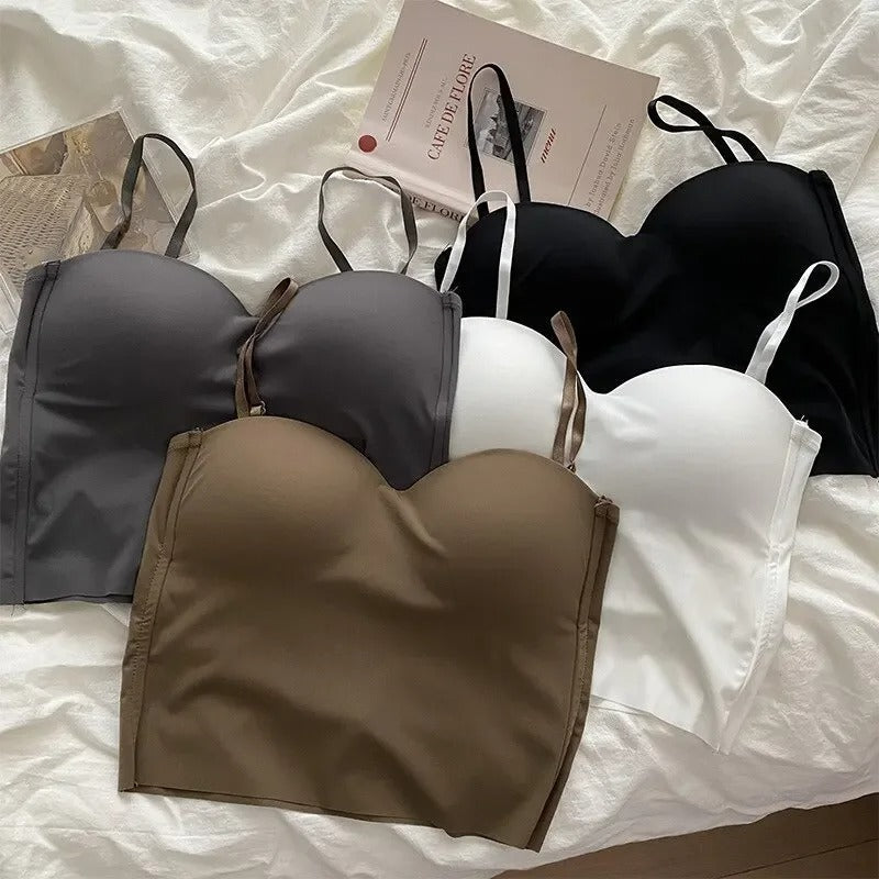 Dame enfarvet skåret camisole, hvid, bred halsudskæring, behageligt elastisk stof.