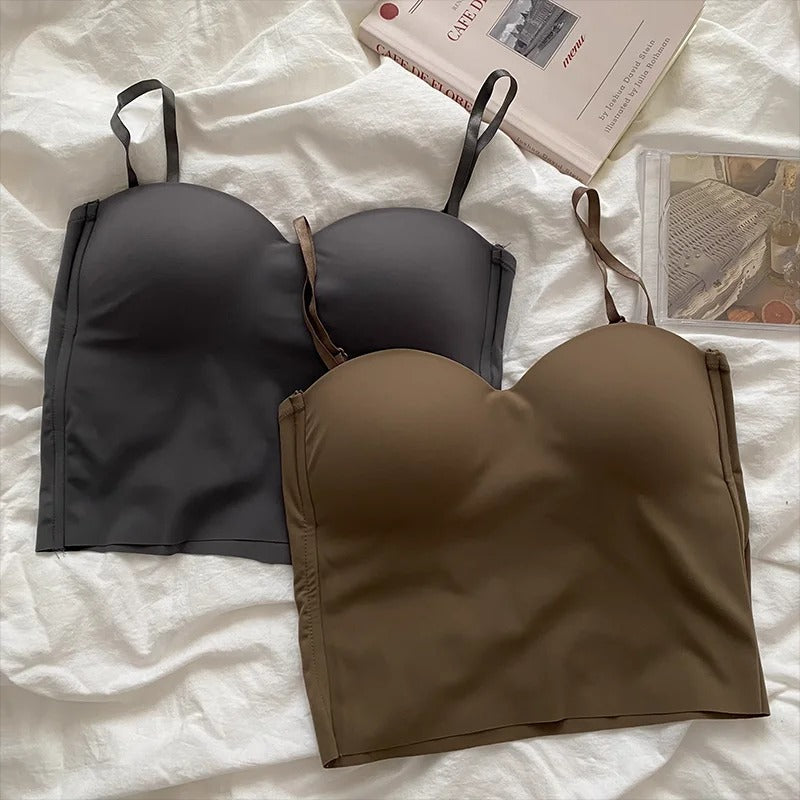 Dame enfarvet skåret camisole, brun, bred halsudskæring, behageligt elastisk stof.
