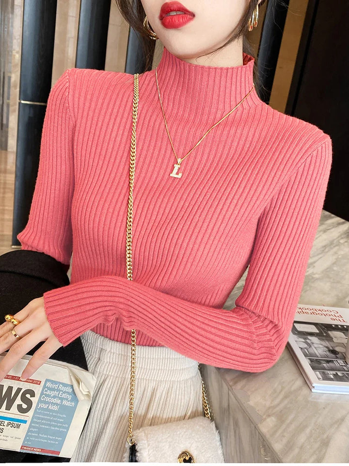 Dame ensfarvet langærmet turtleneck strik, blødt og behageligt materiale giver stil og varme.