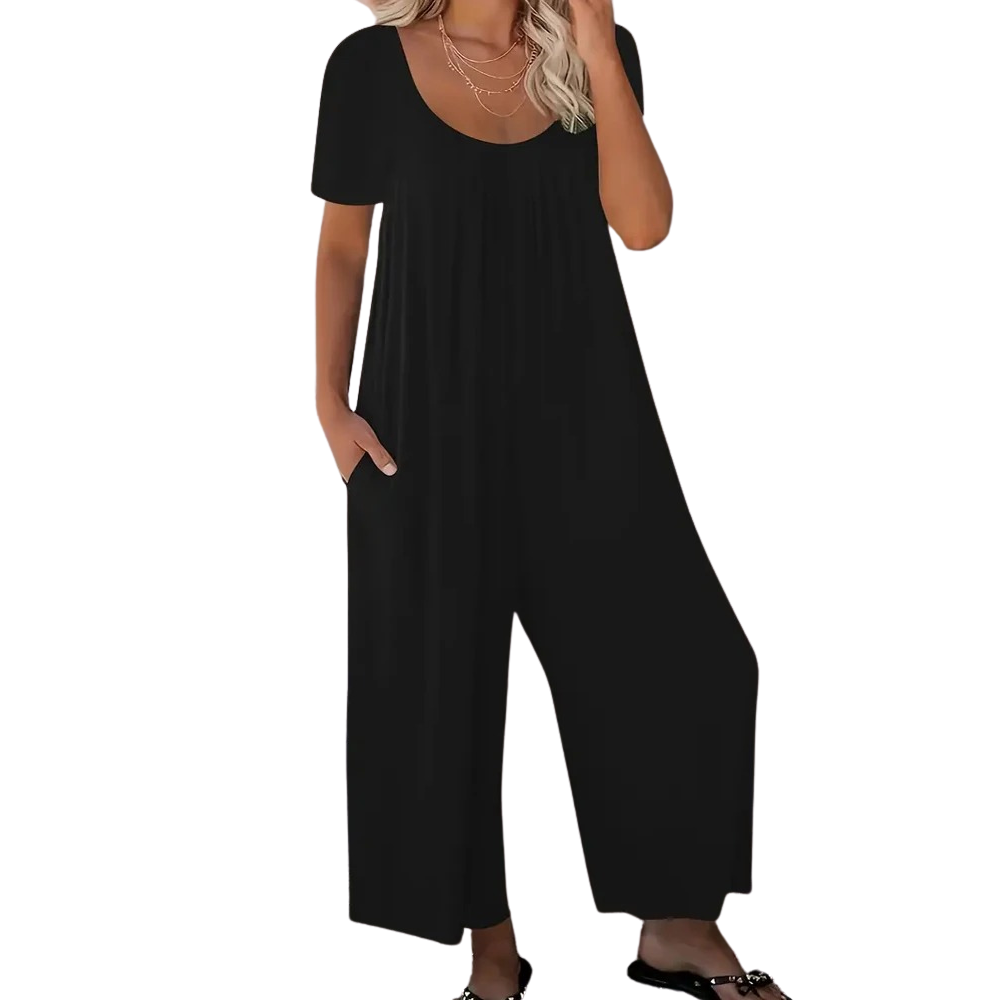 Dame ensfarvet rund hals jumpsuit, sommer, bred ben, korte ærmer, sidelommer, let stof.