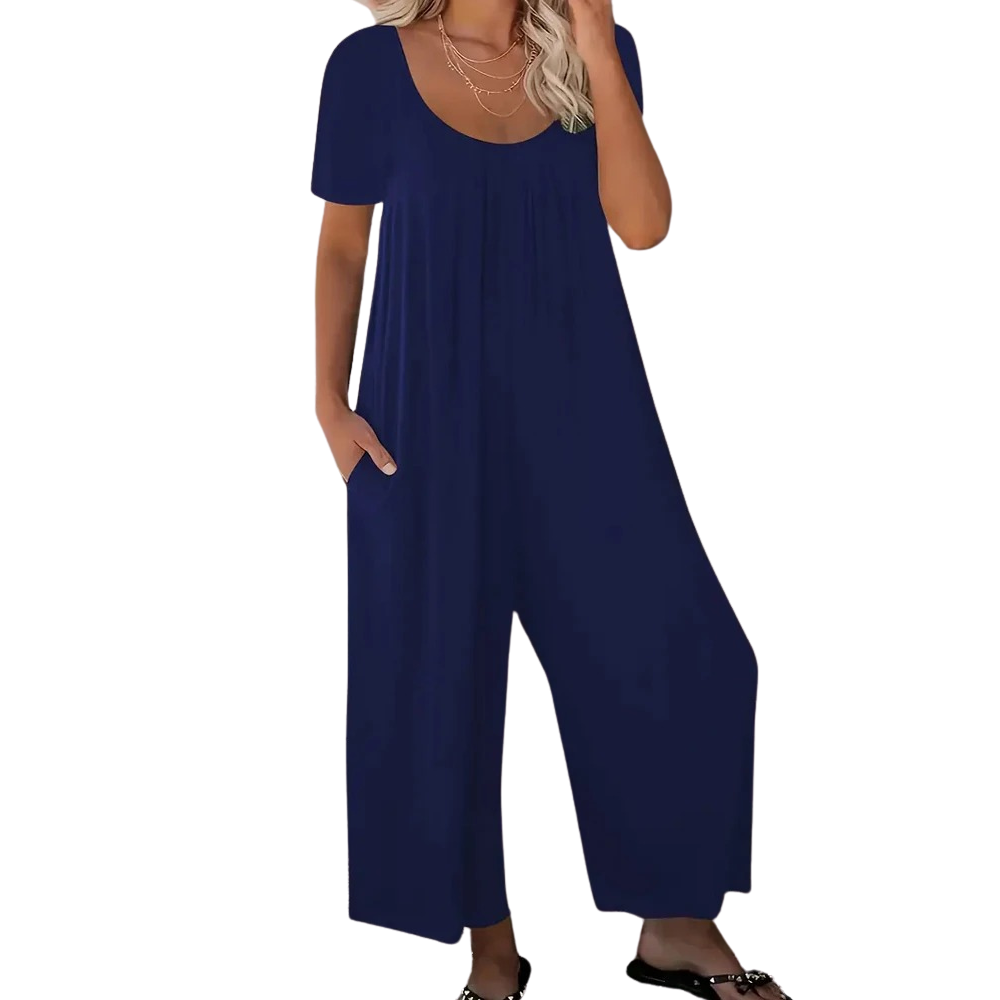 Dame ensfarvet rund hals jumpsuit, sommer, bred ben, korte ærmer, sidelommer, let stof.
