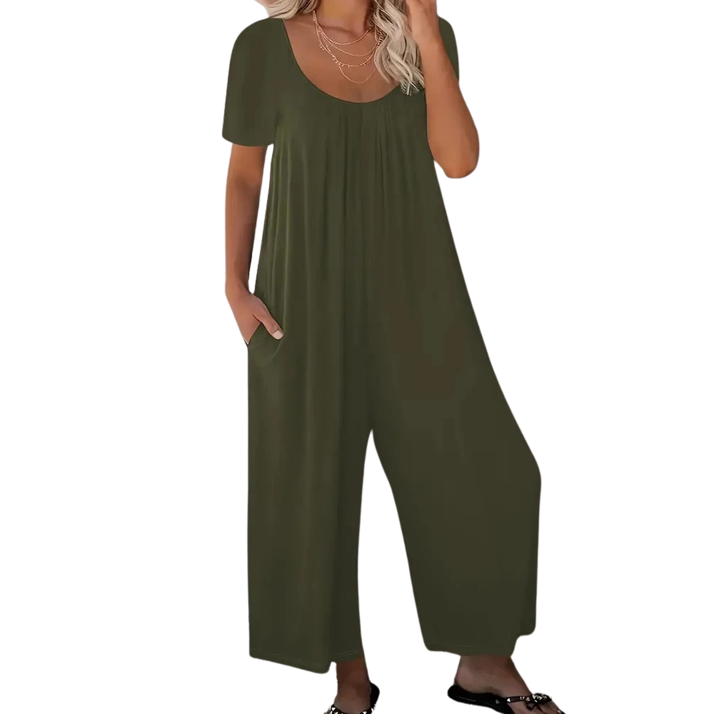 Dame ensfarvet rund hals jumpsuit, sommer, bred ben, korte ærmer, sidelommer, let stof.