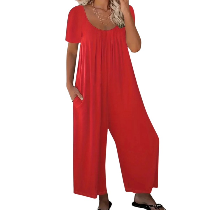 Dame ensfarvet rund hals jumpsuit, sommer, bred ben, korte ærmer, sidelommer, let stof.