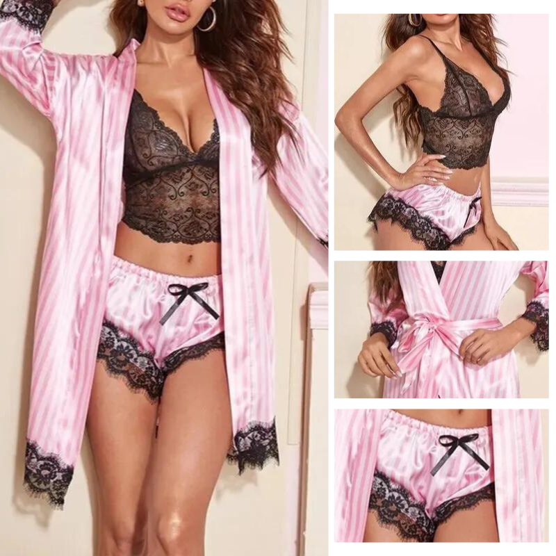Dame luksus 4-i-1 satin blonde nattøjssæt, blonde-top, shorts, badekåbe, feminint, udsøgt, elegant sæt.