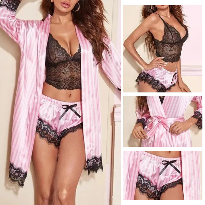 Dame luksus 4-i-1 satin blonde nattøjssæt, blonde-top, shorts, badekåbe, feminint, udsøgt, elegant sæt.