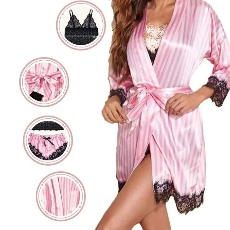 Dame luksus 4-i-1 satin blonde nattøjssæt, blonde-top, shorts, badekåbe, feminint, udsøgt, elegant sæt.
