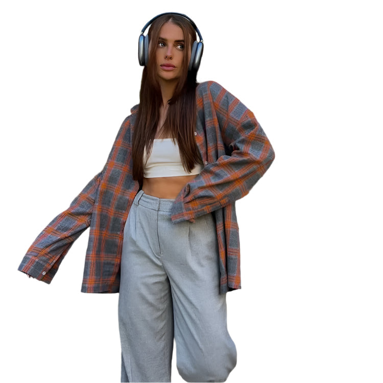 Dame oversized ternet langærmet skjorte, klassisk rød-hvidt ternet mønster, oversized og afslappet pasform