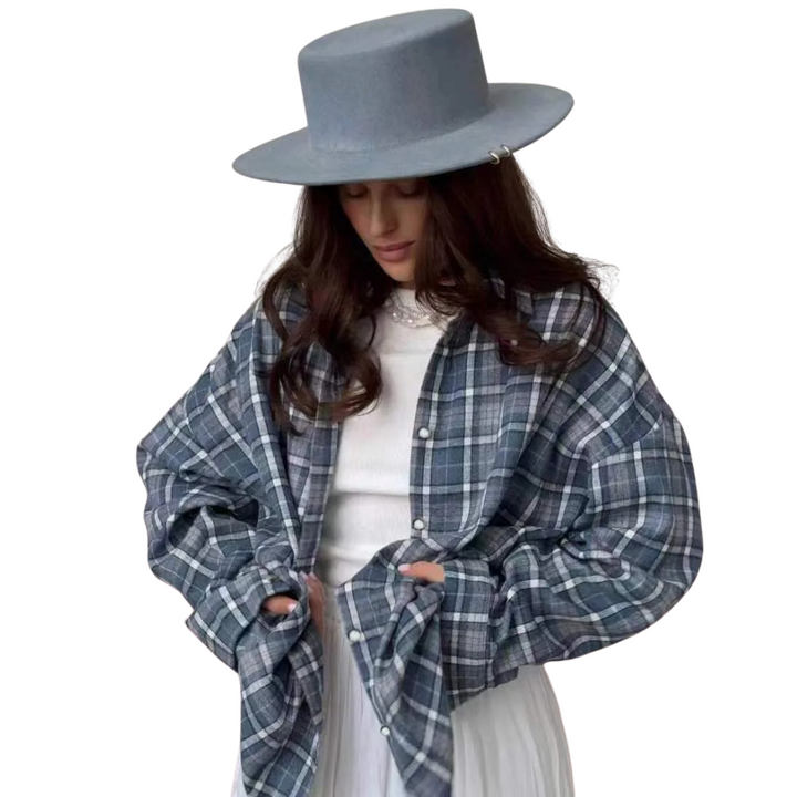 Dame oversized ternet langærmet skjorte, klassisk rød-hvidt ternet mønster, oversized og afslappet pasform
