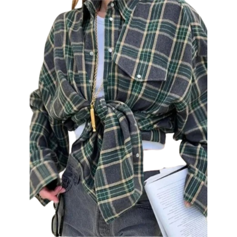 Dame oversized ternet langærmet skjorte, klassisk rød-hvidt ternet mønster, oversized og afslappet pasform
