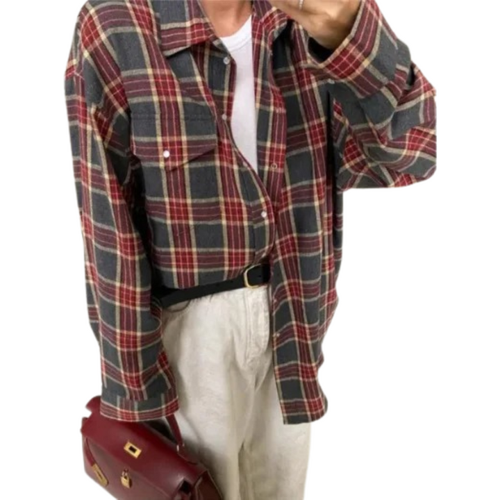 Dame oversized ternet langærmet skjorte, klassisk rød-hvidt ternet mønster, oversized og afslappet pasform