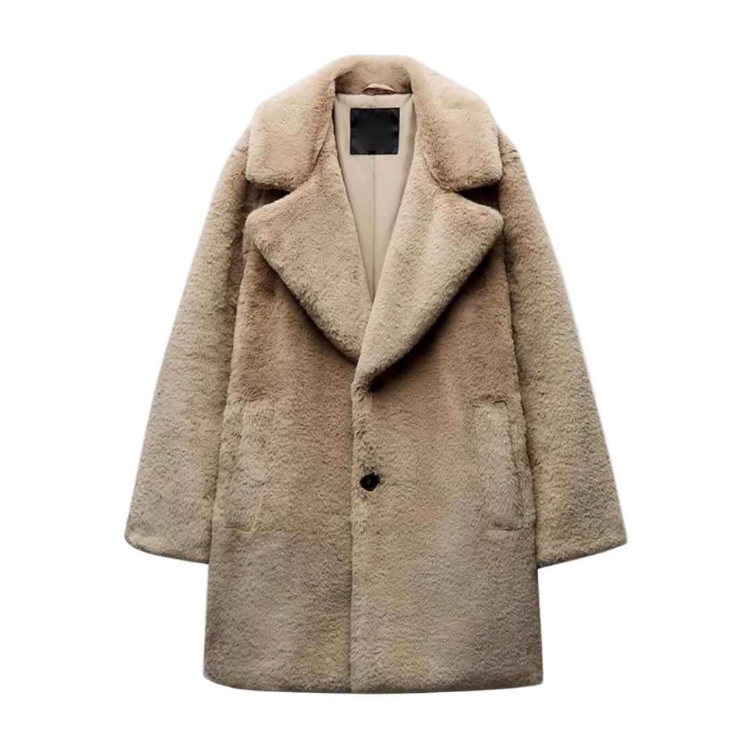 Naisten ylipitkä lämmin tekokarvatakki, elegantti leveäkauluksinen takki syksyyn ja talveen, käytännöllinen napitus.