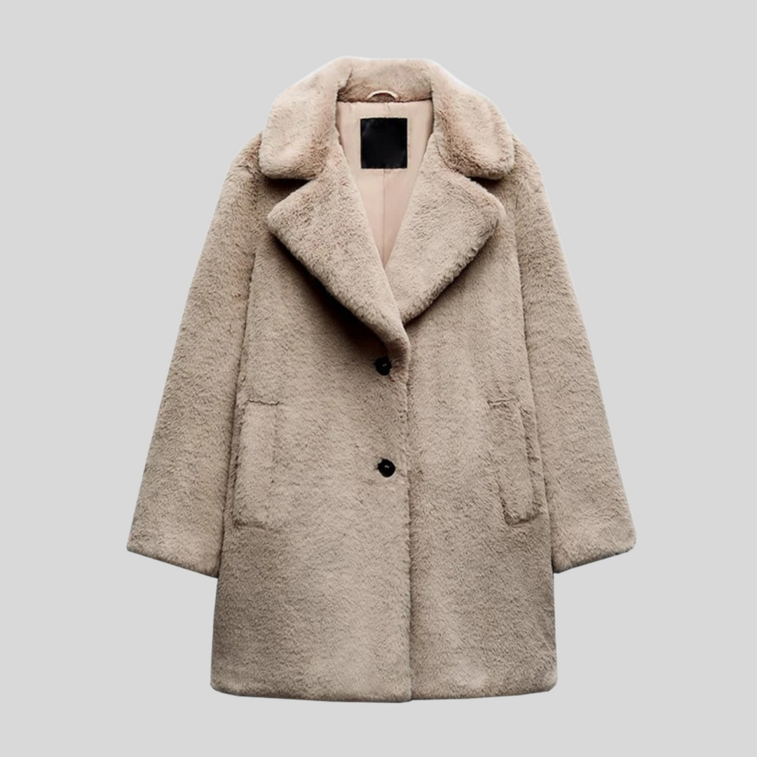 Naisten ylipitkä lämmin tekokarvatakki, elegantti leveäkauluksinen takki syksyyn ja talveen, käytännöllinen napitus.