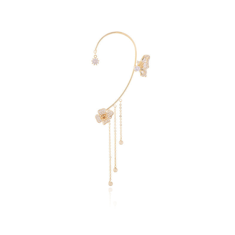Damer zirkonia sommerfugl øreringe, guld og sølv, klare zirkonia-sten, elegant design, blomster- og sommerfuglmønster.