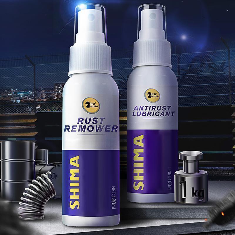 Hurtig rustfjerner spray til metaloverflader; klar sprayflaske med sølvkappe, nemt auto- og værktøjsprodukt.