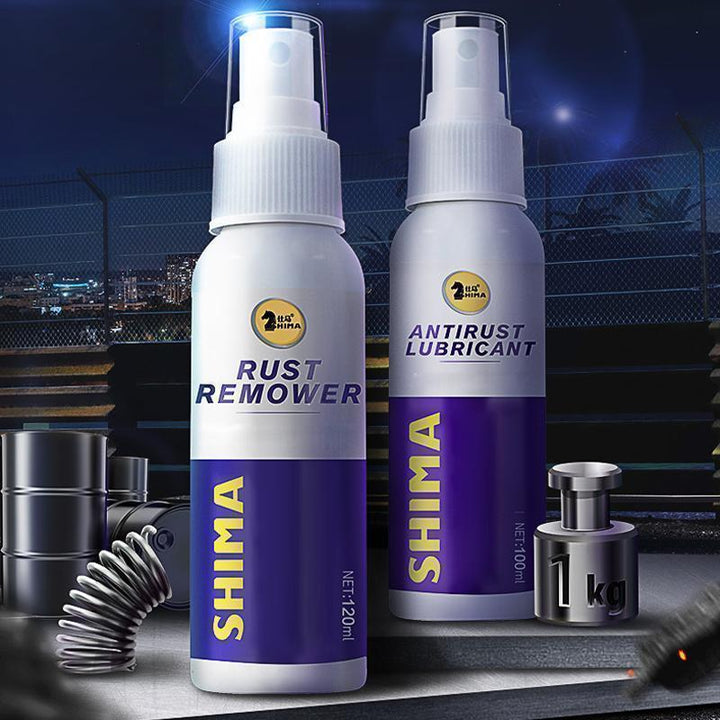 Hurtig rustfjerner spray til metaloverflader; klar sprayflaske med sølvkappe, nemt auto- og værktøjsprodukt.