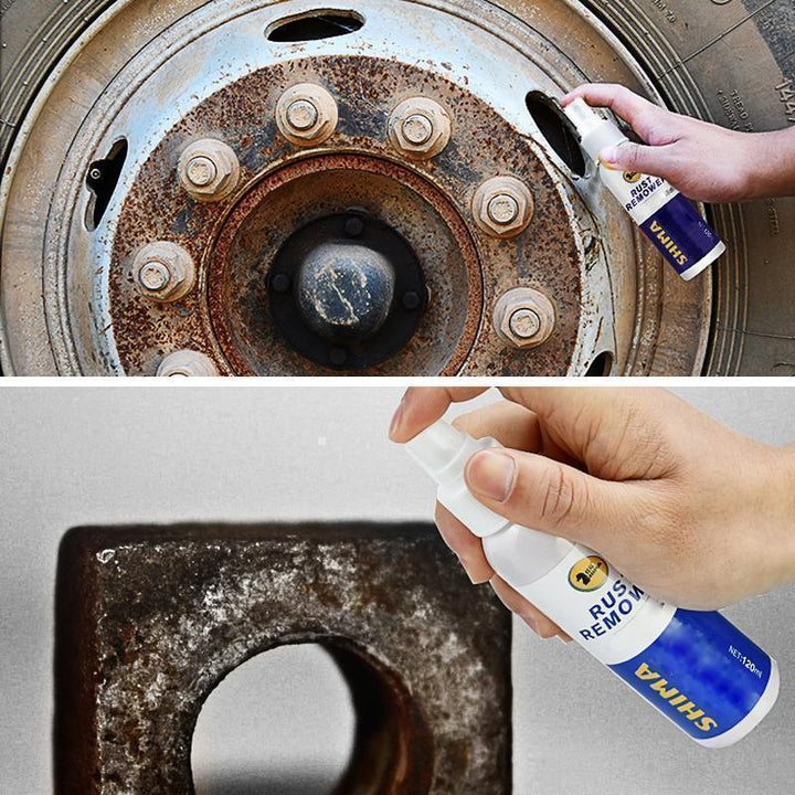 Hurtig rustfjerner spray til metaloverflader; klar sprayflaske med sølvkappe, nemt auto- og værktøjsprodukt.