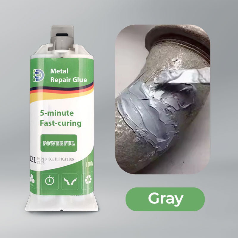 "Nopeasti kuivuva hitsausliima, harmaa, vahva ja kestävä, metalli- ja muovikorjaukseen, kiinteytyy 5 minuutissa."