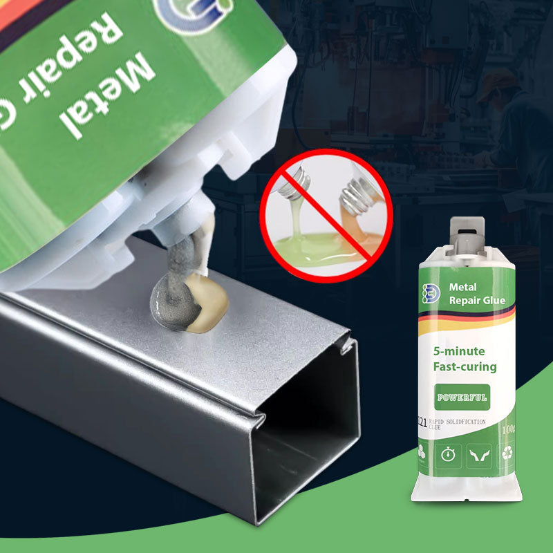 "Nopeasti kuivuva hitsausliima, harmaa, vahva ja kestävä, metalli- ja muovikorjaukseen, kiinteytyy 5 minuutissa."