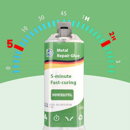 "Nopeasti kuivuva hitsausliima, harmaa, vahva ja kestävä, metalli- ja muovikorjaukseen, kiinteytyy 5 minuutissa."
