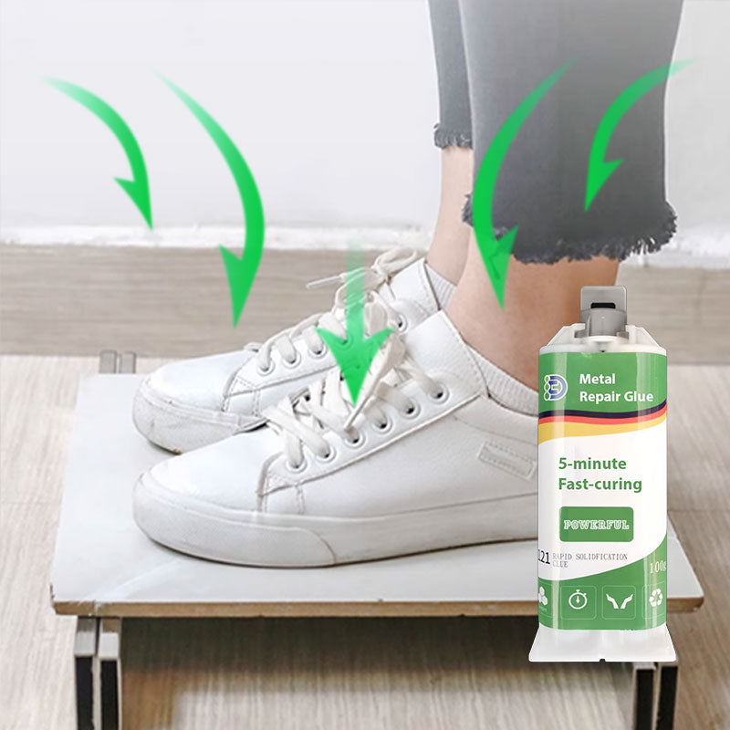 "Nopeasti kuivuva hitsausliima, harmaa, vahva ja kestävä, metalli- ja muovikorjaukseen, kiinteytyy 5 minuutissa."