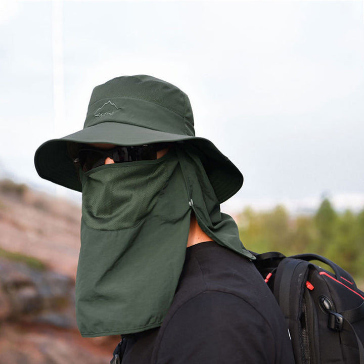 Hurtigttørrende unisex udendørs hat med UV-beskyttelse, bred skygge, aftagelige dele, beige farve, udendørs baggrund