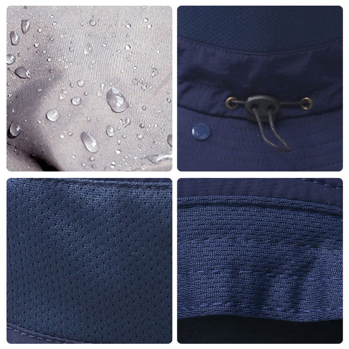 Hurtigttørrende unisex udendørs hat med UV-beskyttelse, bred skygge, aftagelige dele, beige farve, udendørs baggrund