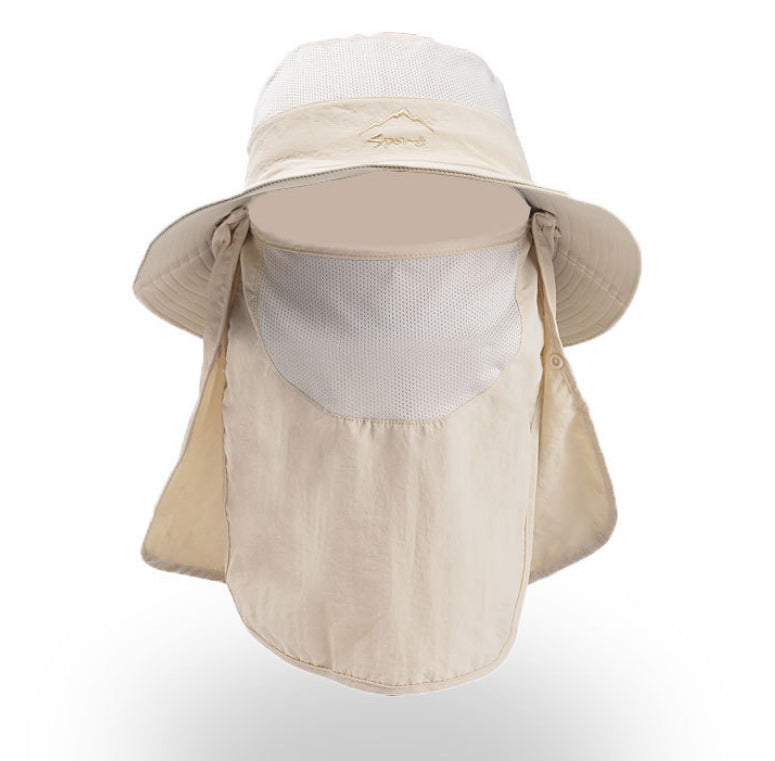 Hurtigttørrende unisex udendørs hat med UV-beskyttelse, bred skygge, aftagelige dele, beige farve, udendørs baggrund