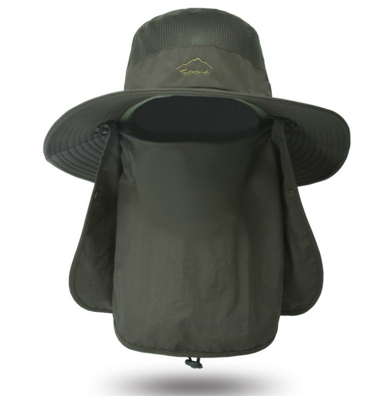 Hurtigttørrende unisex udendørs hat med UV-beskyttelse, bred skygge, aftagelige dele, beige farve, udendørs baggrund