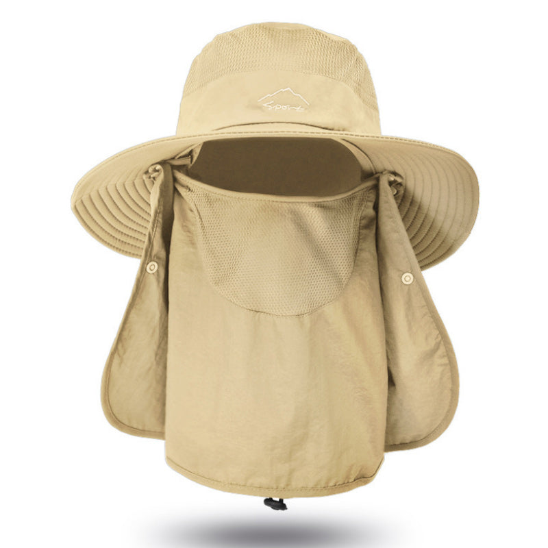Hurtigttørrende unisex udendørs hat med UV-beskyttelse, bred skygge, aftagelige dele, beige farve, udendørs baggrund