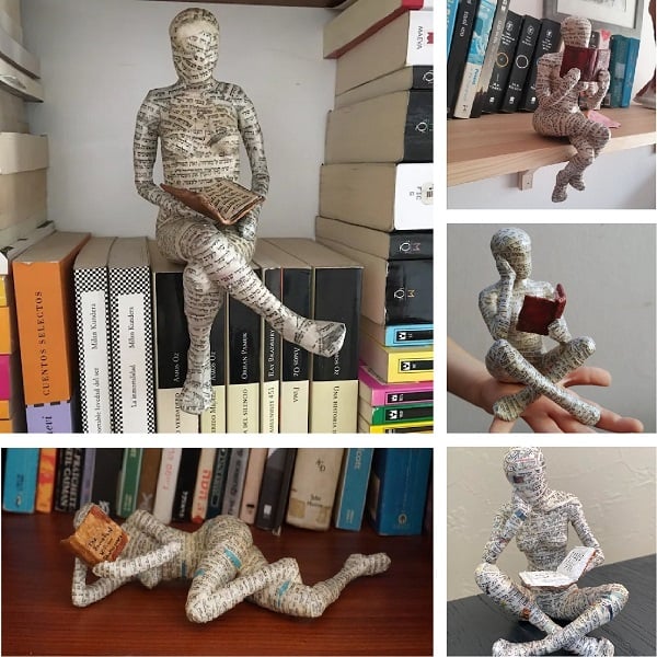 Nordisk stil kvindefigur til læsning, dekorativ boligindretningsgenstand, dæmpet grå, moderne og elegant design.