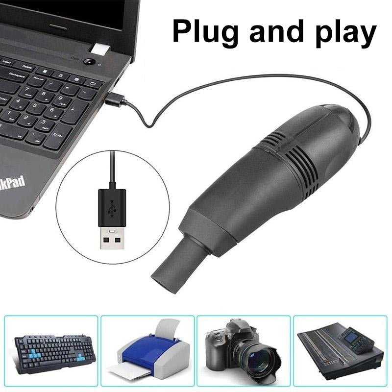 USB-drevet tastaturstøvsuger, sort med LED-lys, kompakt rengøringsværktøj til skrivebord og tastatur.
