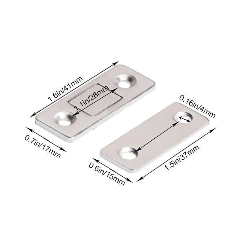 Tynd og effektiv magnetisk dørlukker uden huller, lavet af rustfrit stål. Holder skabslåger lukket uden skader.