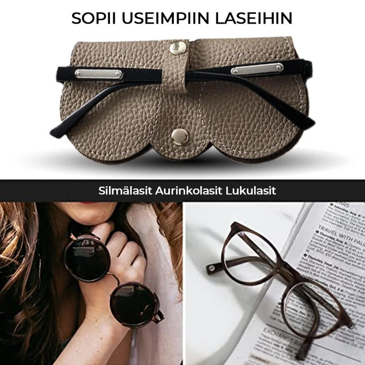 Letvægts læder brilleetui til damer, musehale- og ørneøje-design, i grå, khaki, brun eller sort.
