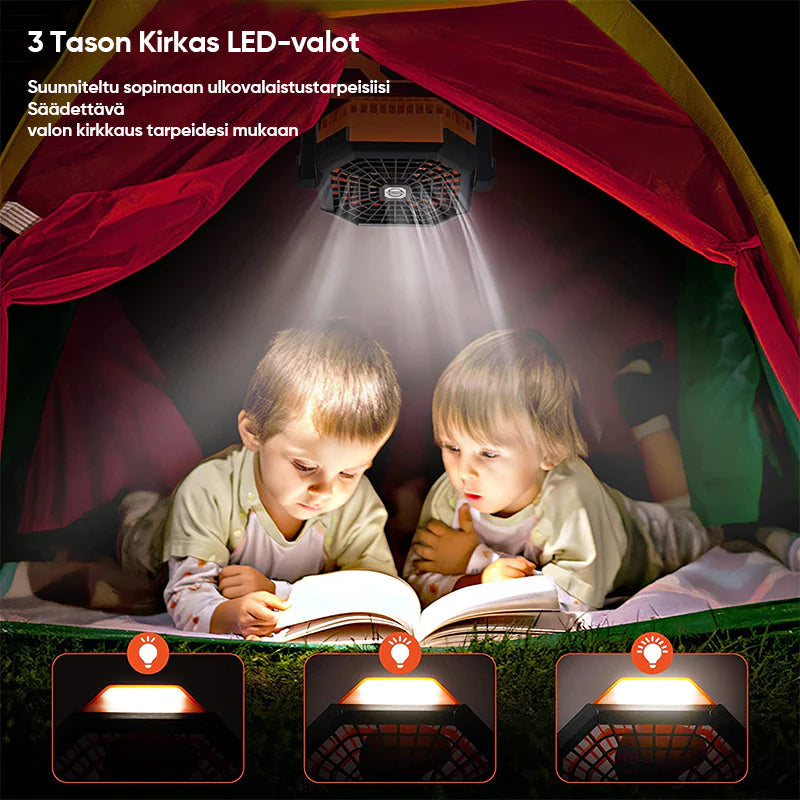 Orange multifunktionel LED campingventilator, 3 blade, klar LED-belysning, til udendørs brug, kraftfuldt 5200mAh genopladeligt batteri.