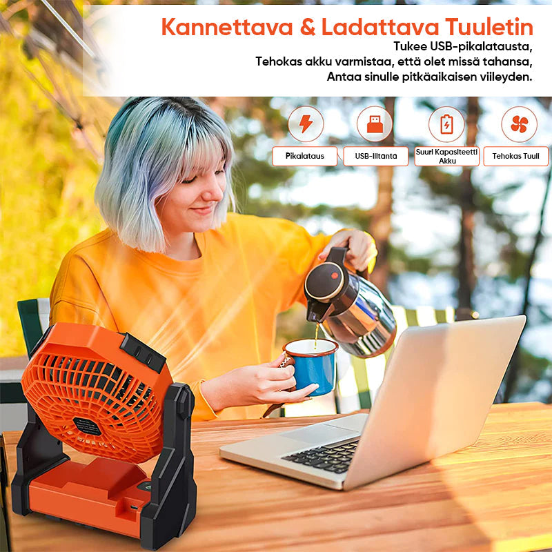Orange multifunktionel LED campingventilator, 3 blade, klar LED-belysning, til udendørs brug, kraftfuldt 5200mAh genopladeligt batteri.