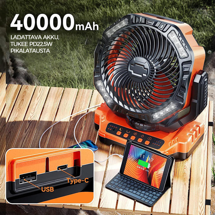 Orange multifunktionel LED campingventilator, 3 blade, klar LED-belysning, til udendørs brug, kraftfuldt 5200mAh genopladeligt batteri.