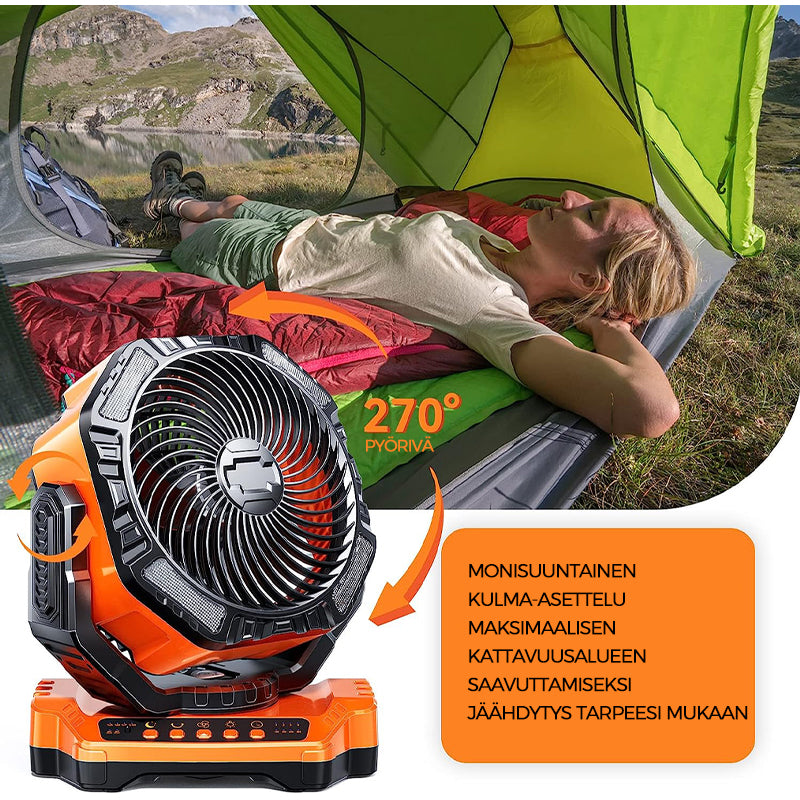 Orange multifunktionel LED campingventilator, 3 blade, klar LED-belysning, til udendørs brug, kraftfuldt 5200mAh genopladeligt batteri.