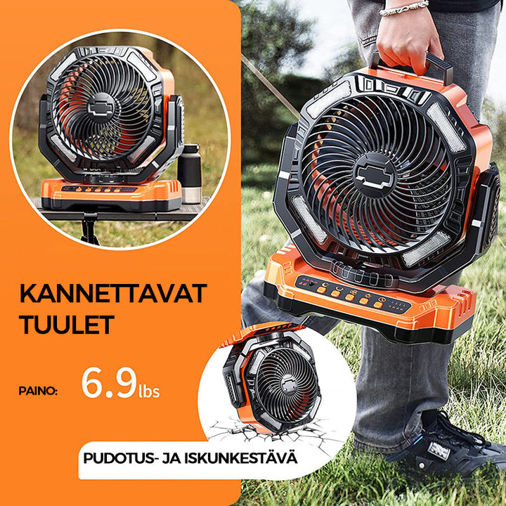 Orange multifunktionel LED campingventilator, 3 blade, klar LED-belysning, til udendørs brug, kraftfuldt 5200mAh genopladeligt batteri.