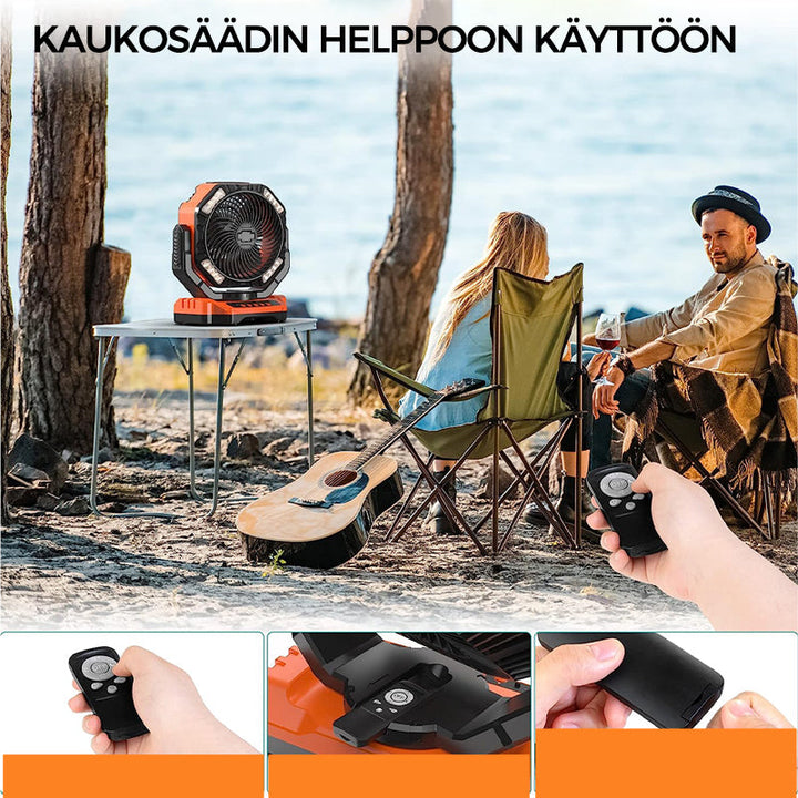 Orange multifunktionel LED campingventilator, 3 blade, klar LED-belysning, til udendørs brug, kraftfuldt 5200mAh genopladeligt batteri.