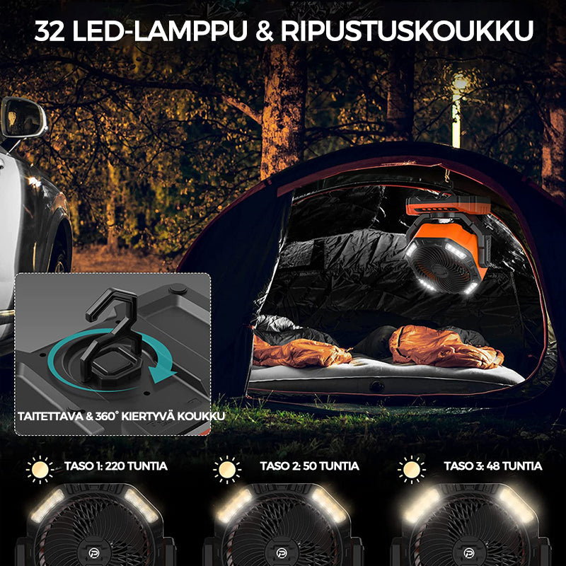 Orange multifunktionel LED campingventilator, 3 blade, klar LED-belysning, til udendørs brug, kraftfuldt 5200mAh genopladeligt batteri.