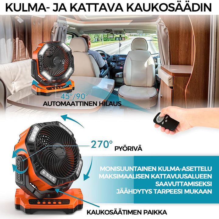 Orange multifunktionel LED campingventilator, 3 blade, klar LED-belysning, til udendørs brug, kraftfuldt 5200mAh genopladeligt batteri.