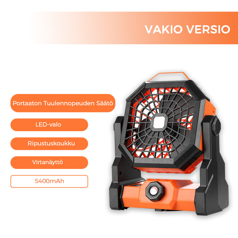 Orange multifunktionel LED campingventilator, 3 blade, klar LED-belysning, til udendørs brug, kraftfuldt 5200mAh genopladeligt batteri.