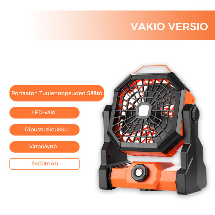 Orange multifunktionel LED campingventilator, 3 blade, klar LED-belysning, til udendørs brug, kraftfuldt 5200mAh genopladeligt batteri.