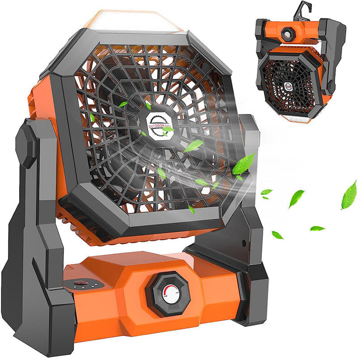 Orange multifunktionel LED campingventilator, 3 blade, klar LED-belysning, til udendørs brug, kraftfuldt 5200mAh genopladeligt batteri.