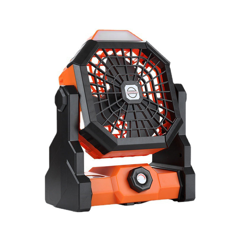 Orange multifunktionel LED campingventilator, 3 blade, klar LED-belysning, til udendørs brug, kraftfuldt 5200mAh genopladeligt batteri.