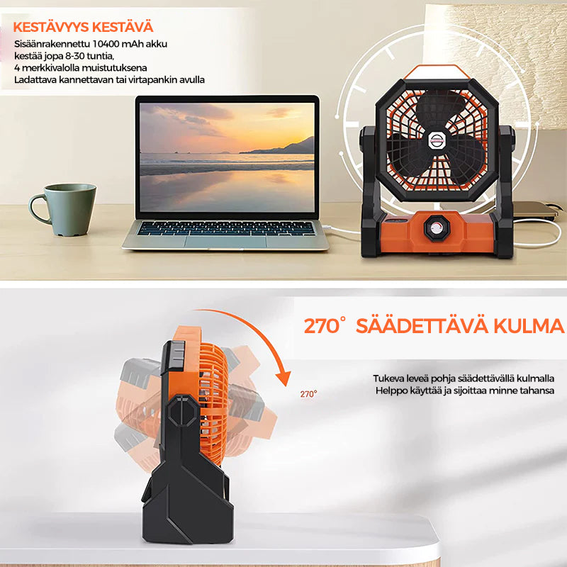 Orange multifunktionel LED campingventilator, 3 blade, klar LED-belysning, til udendørs brug, kraftfuldt 5200mAh genopladeligt batteri.