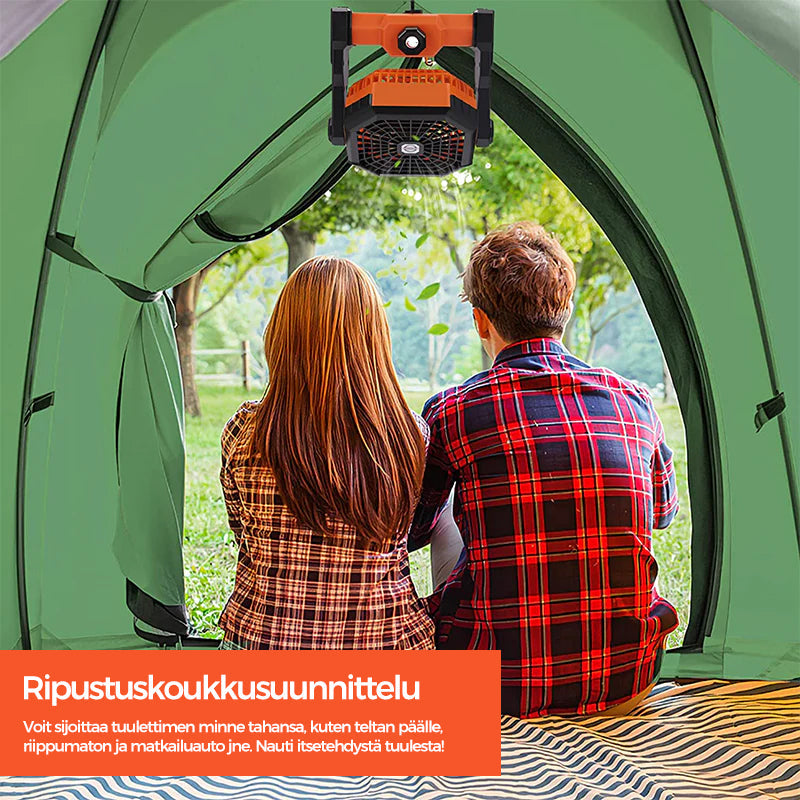 Orange multifunktionel LED campingventilator, 3 blade, klar LED-belysning, til udendørs brug, kraftfuldt 5200mAh genopladeligt batteri.