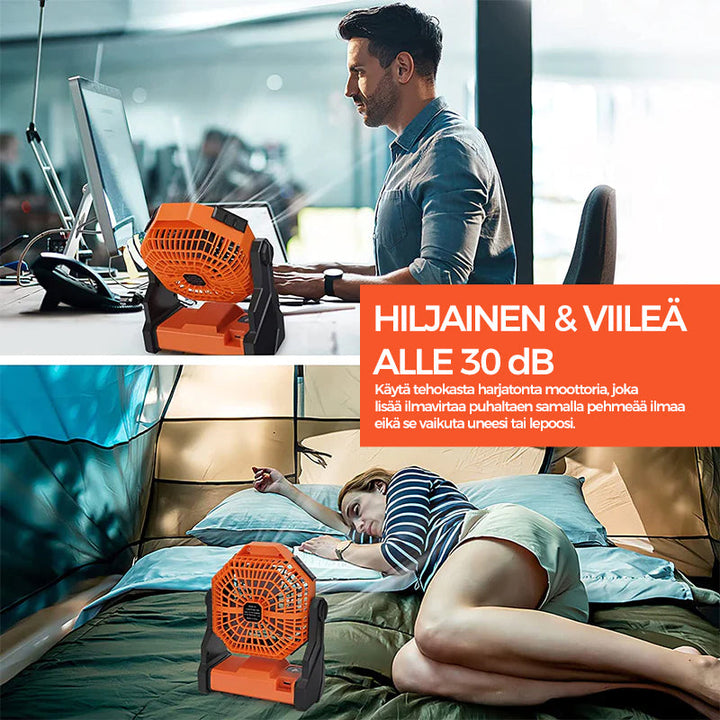 Orange multifunktionel LED campingventilator, 3 blade, klar LED-belysning, til udendørs brug, kraftfuldt 5200mAh genopladeligt batteri.