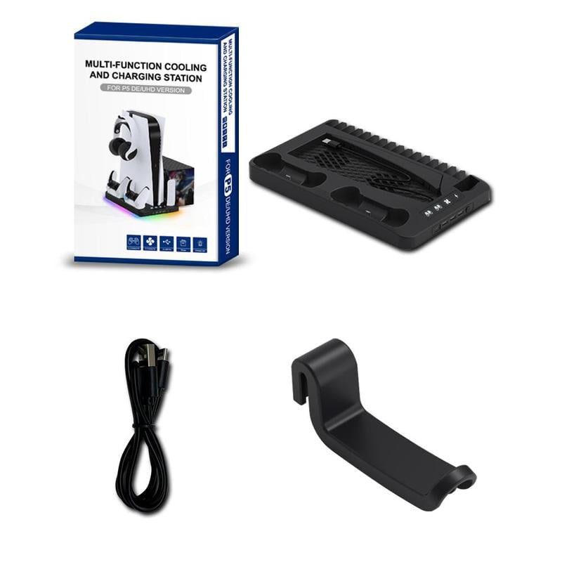 PS5 opladningsstation med RGB-lys, oplader to controllere, sort design, forbedrer gaming-rummets stil og organisation