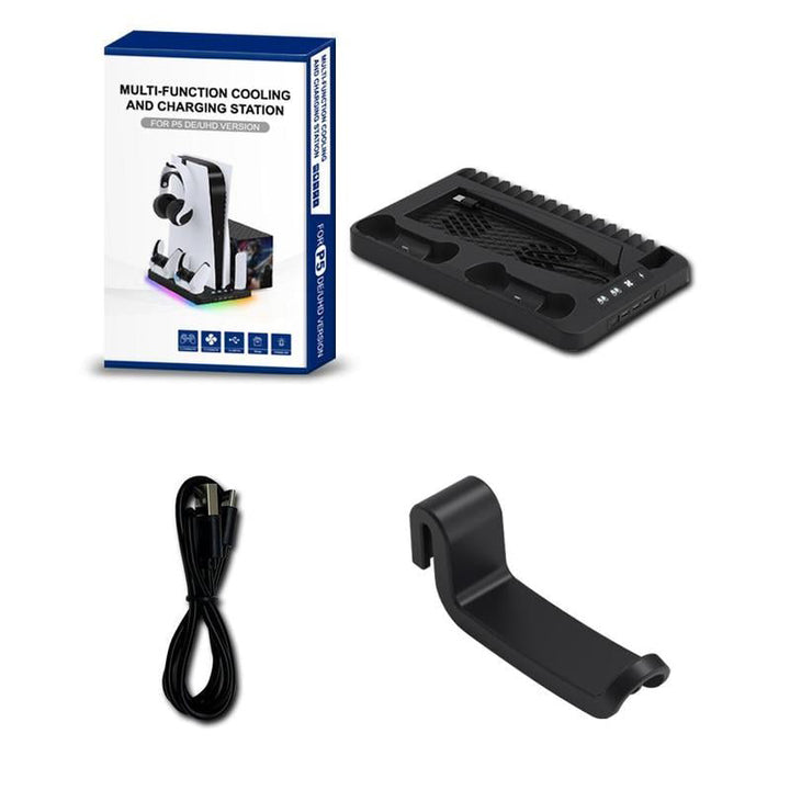 PS5 opladningsstation med RGB-lys, oplader to controllere, sort design, forbedrer gaming-rummets stil og organisation